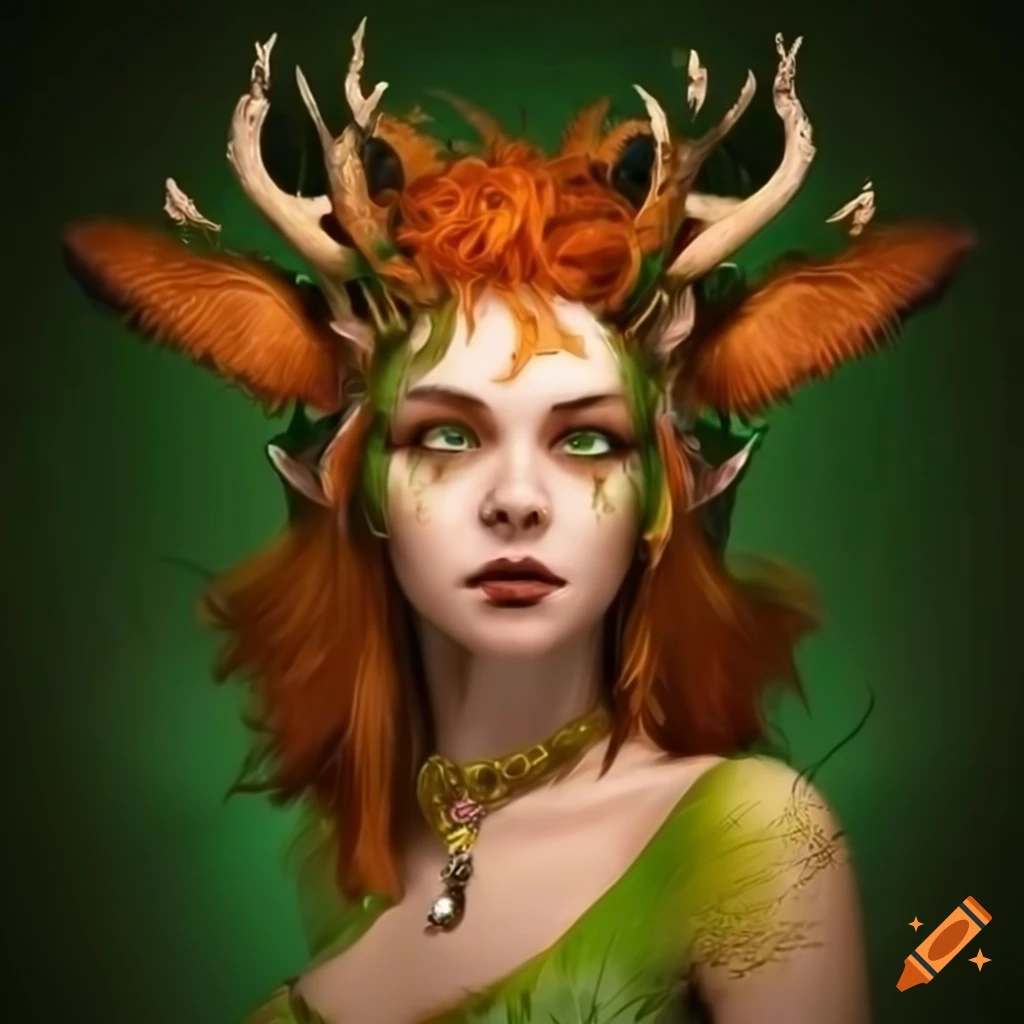 Artwork of a fantasy nymph with antlers and a fox tail on Craiyon