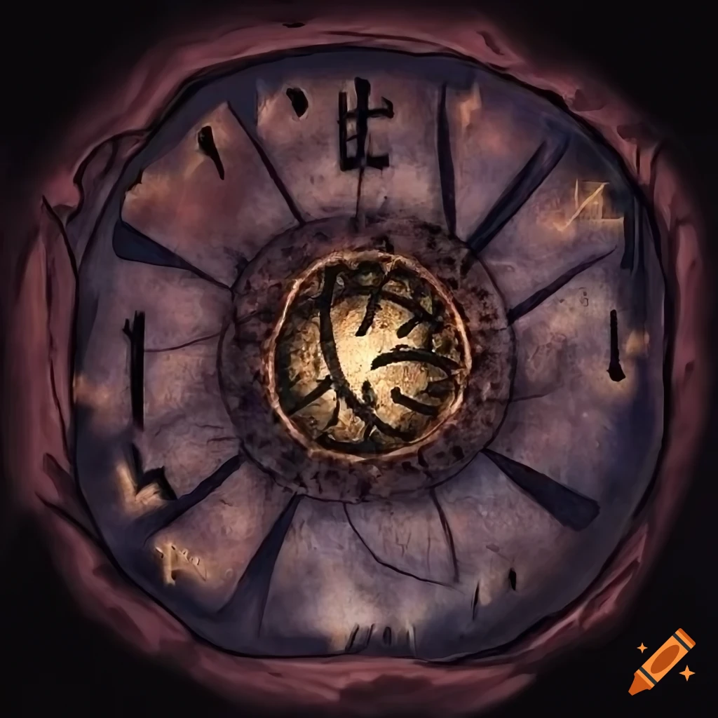 Overview of a wall with scattered runes on Craiyon