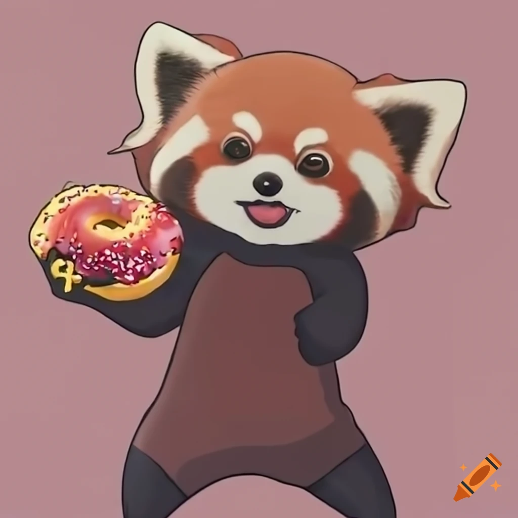 red panda holding a donut