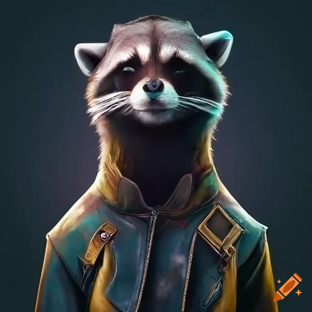 image of a stylish raccoon wearing a leather jacket