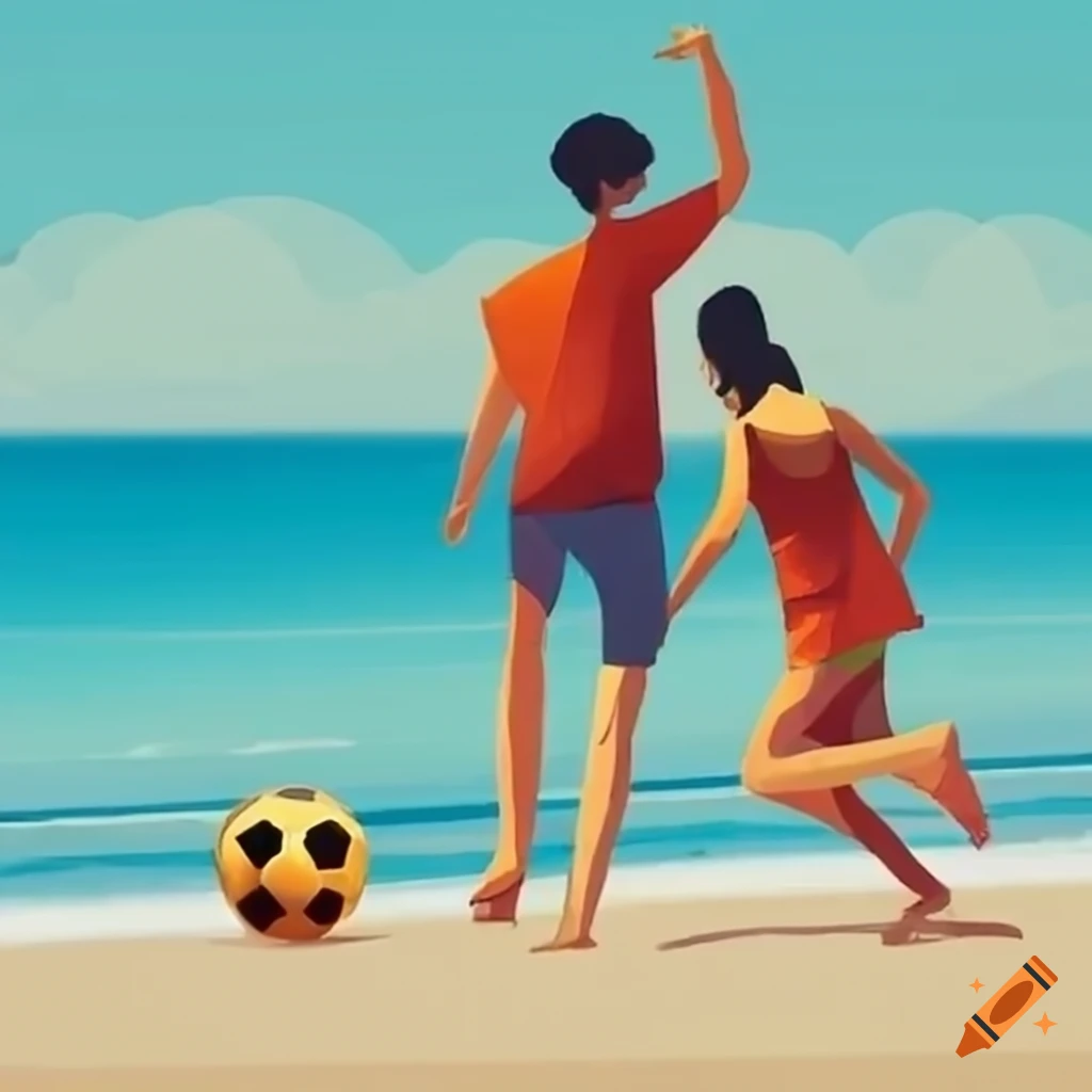 couple playing football on the beach