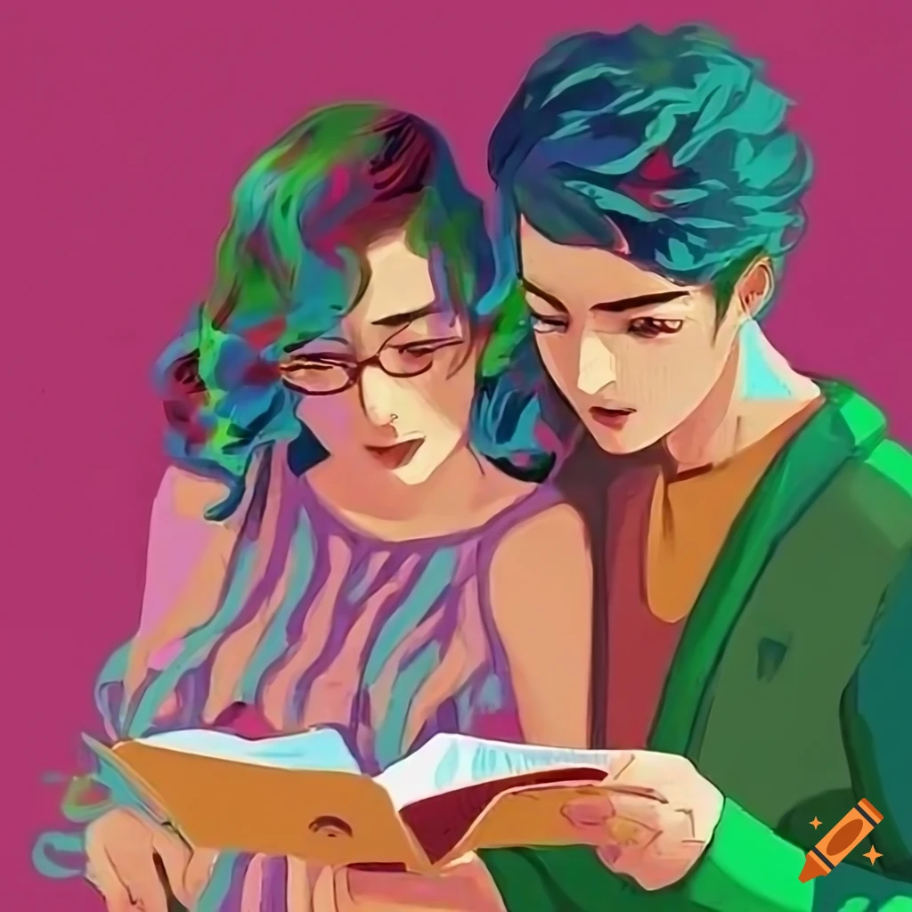 art deco style illustration of a couple reading scripts