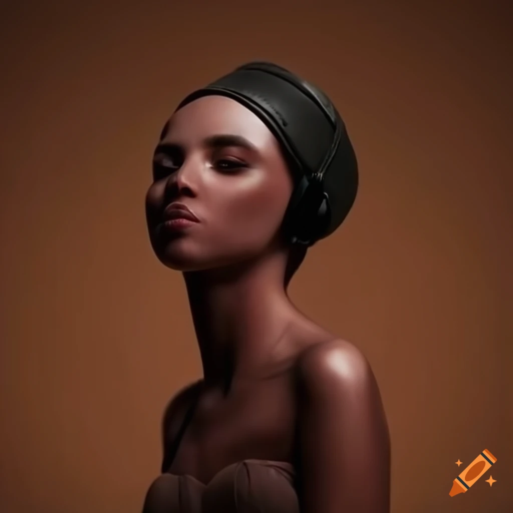 brown model wearing headphones with head dress