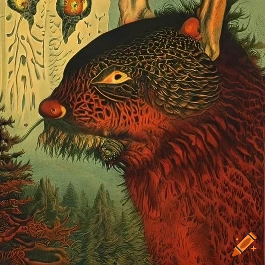Color serigraph of native Salish motifs and fantasy creatures on Craiyon
