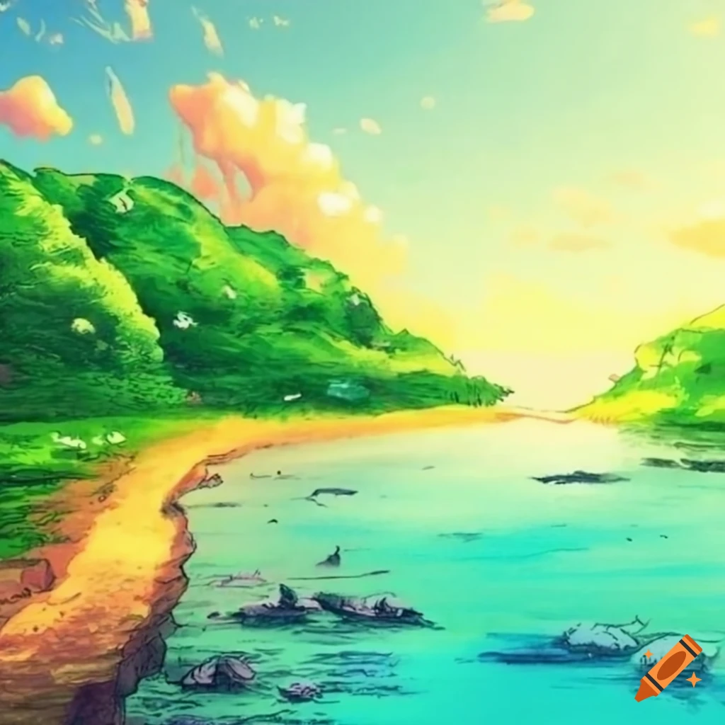 cartoon landscape with an island in the background