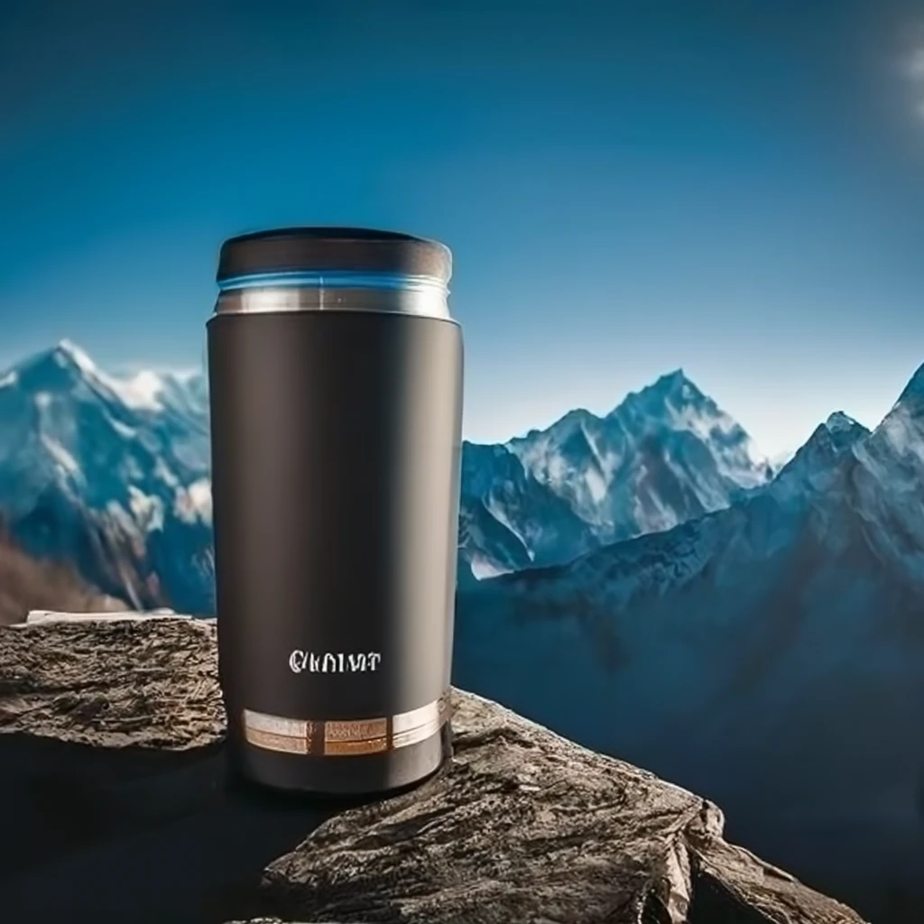 Yeti thermos mug on a ledge with mount everest view
