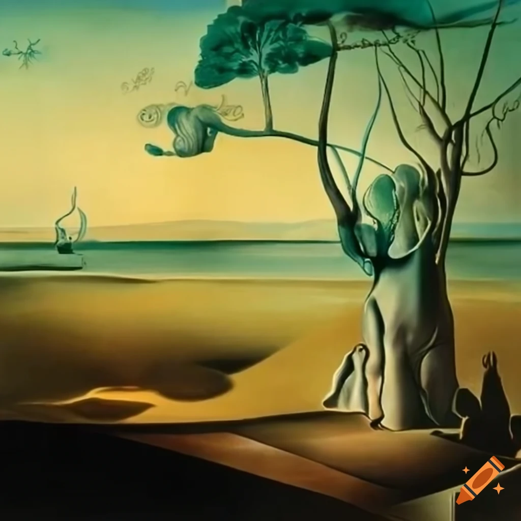 surreal painting by Salvador Dali with anatomical body parts and plants