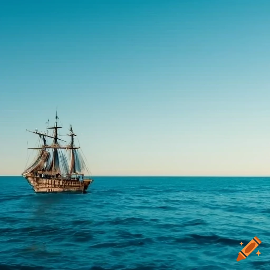 view of the ocean with waves and a pirate ship