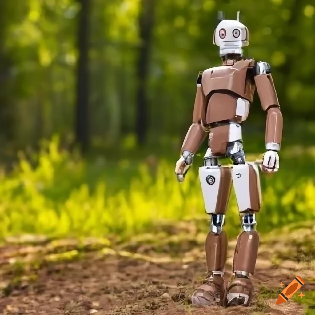 illustration of a heroic lumberjack robot in the forest