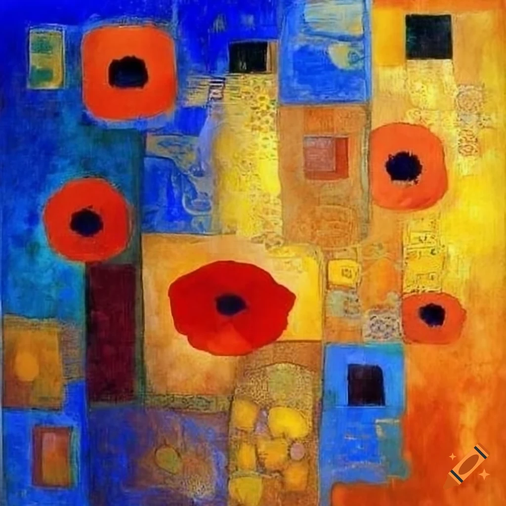 Geometric abstract art with blue, yellow, and orange squares