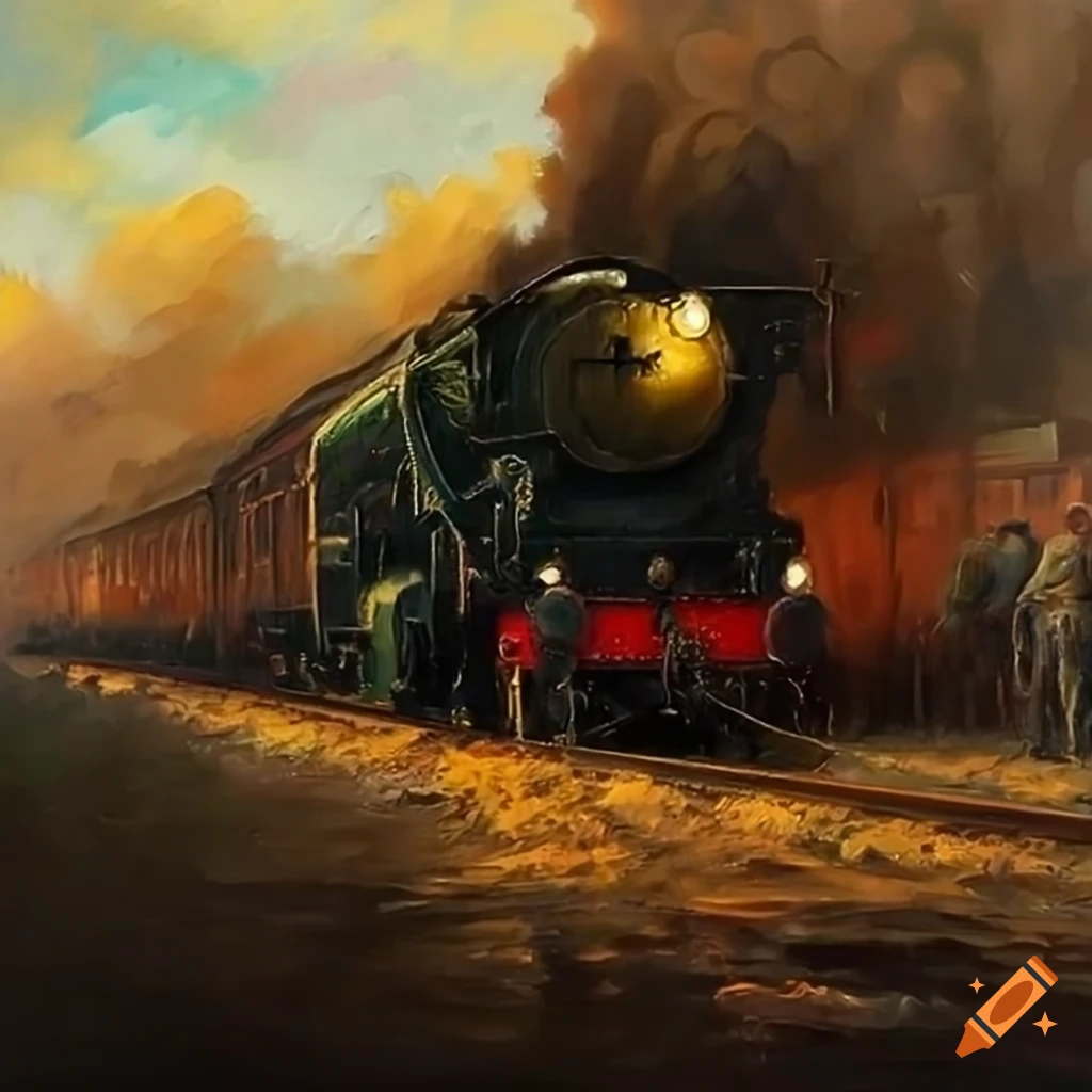 Oil painting of a steam train in world war 1 on craiyon