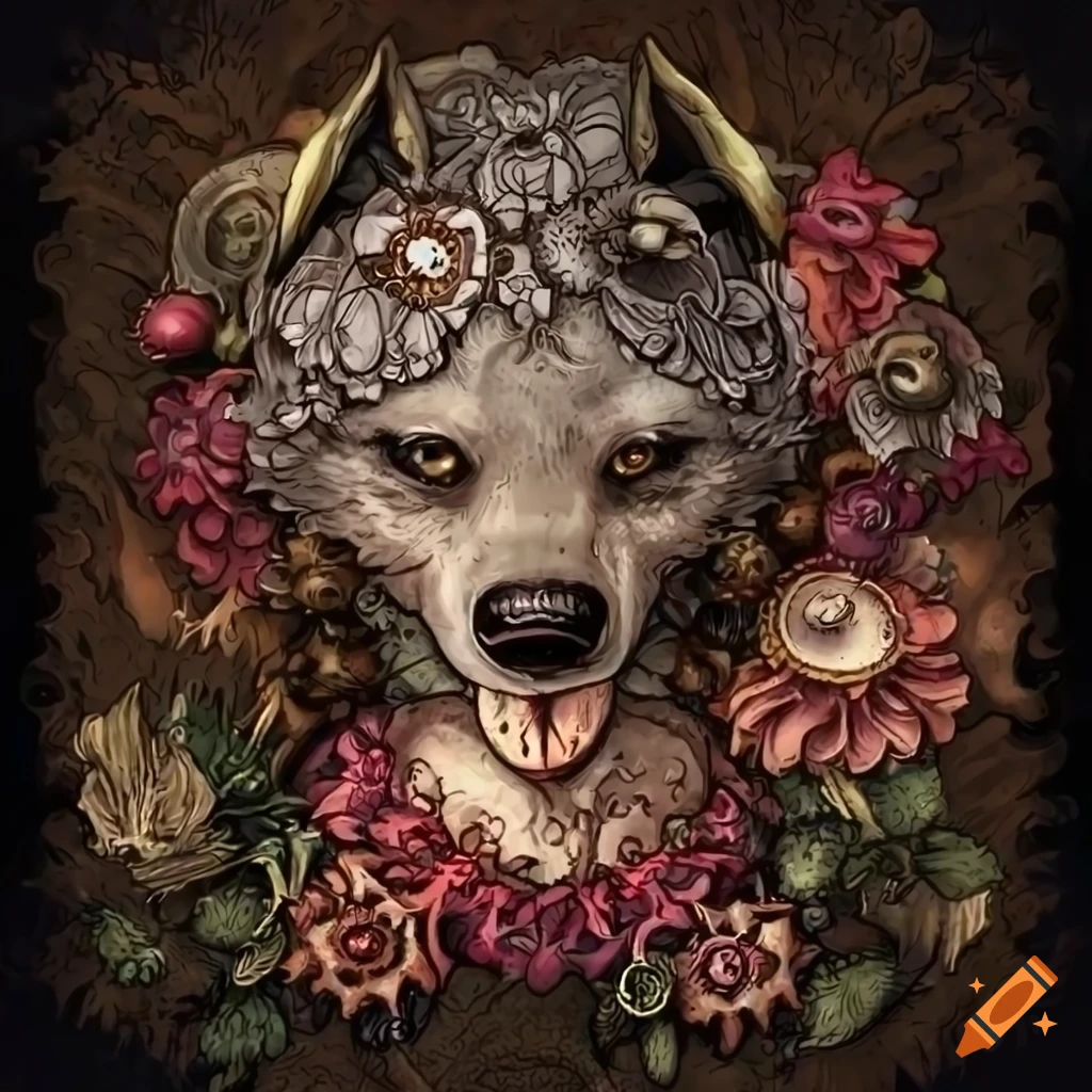 Drawing of a gothic wolf with steampunk and floral elements