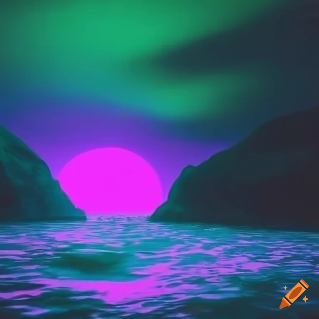Vaporwave underwater scene with glowing green lights