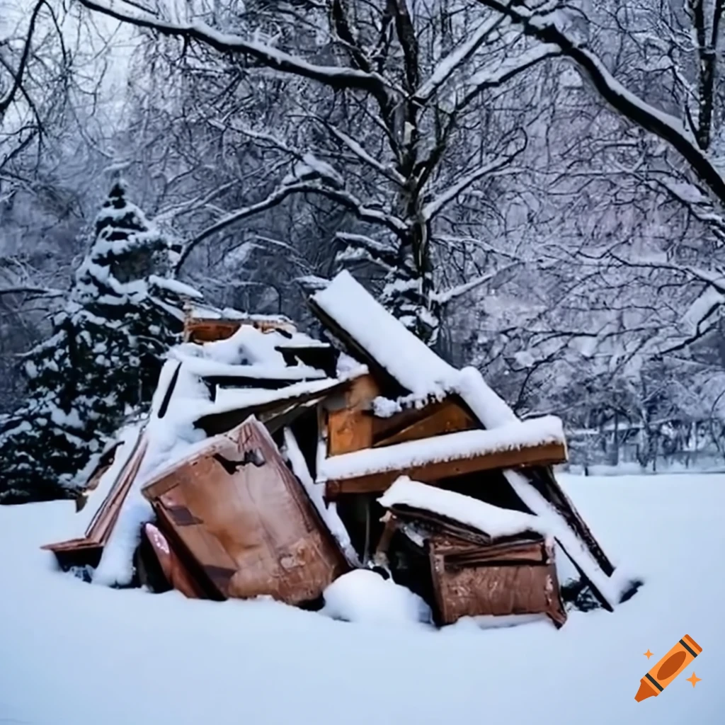 snow-covered backyard with piles of junk