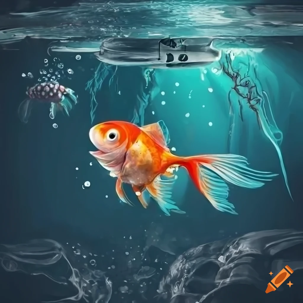 poster of a spaceship flying underwater with quirky sea creatures