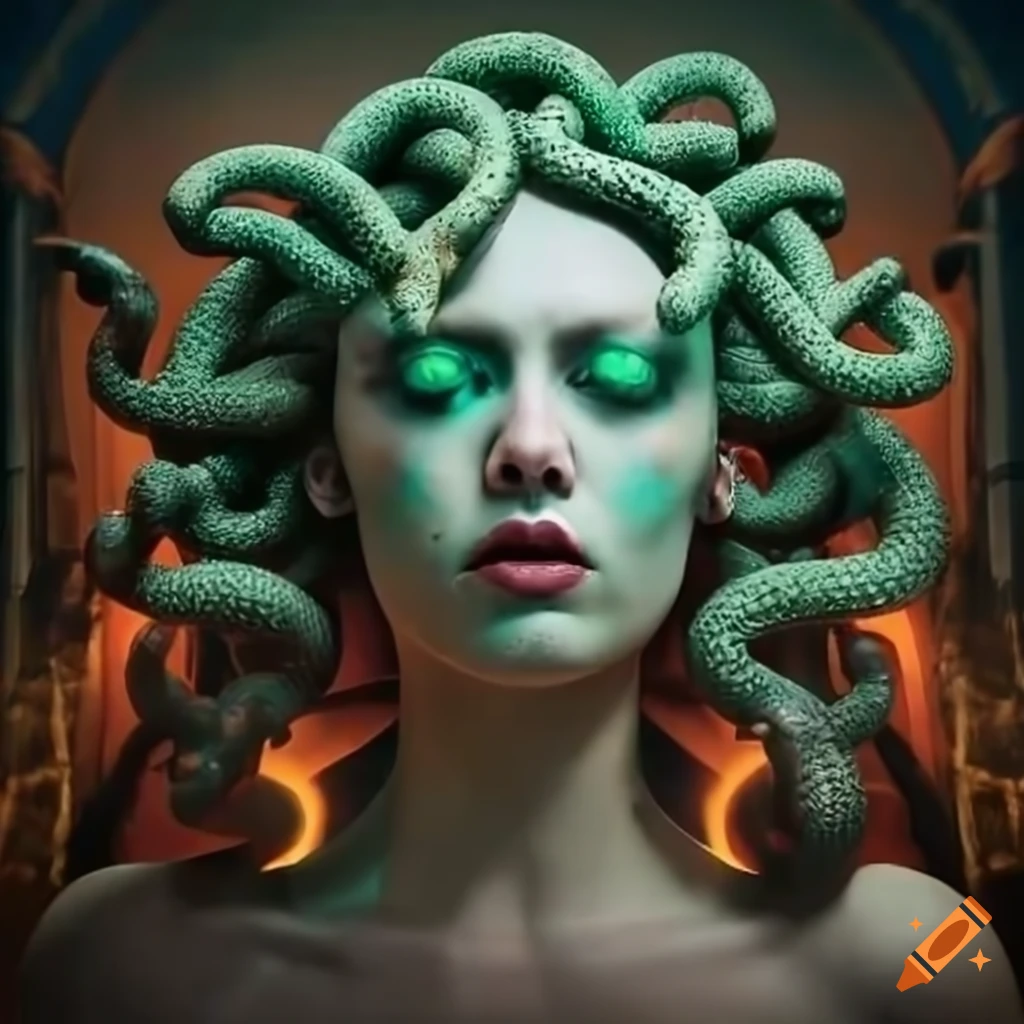 artistic representation of Medusa in a dimly lit hall