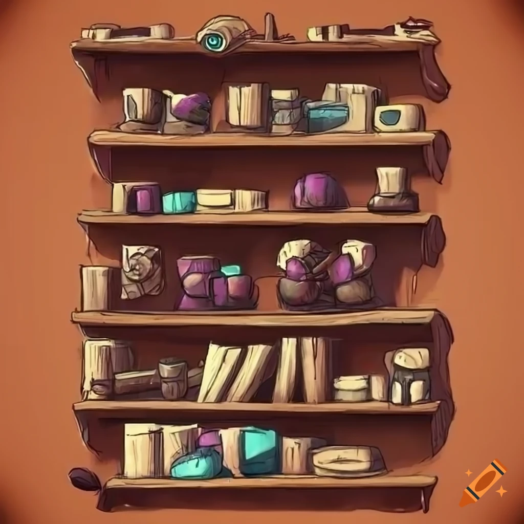 artistic depiction of a cluttered wooden shelf with books and scrolls