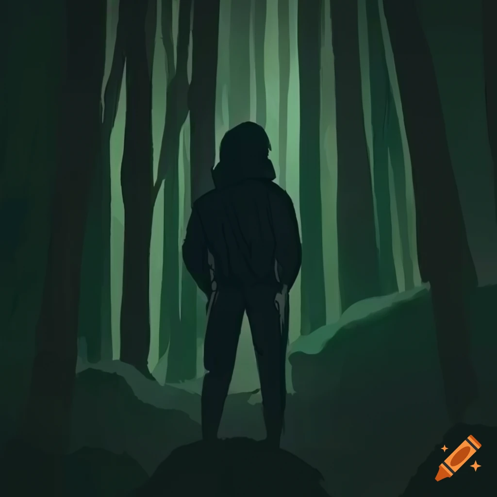 Silhouette of a person standing in a forest on Craiyon
