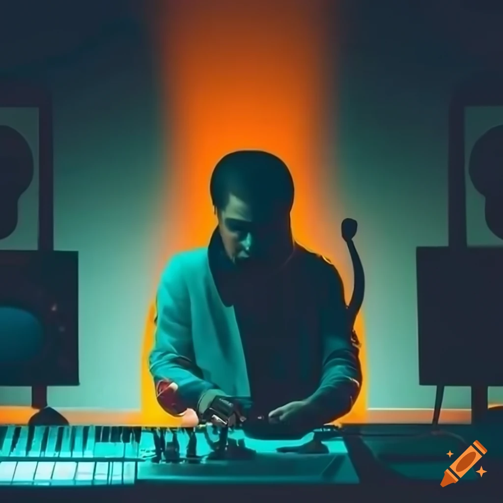 Music Producer In Orange themed Home Studio