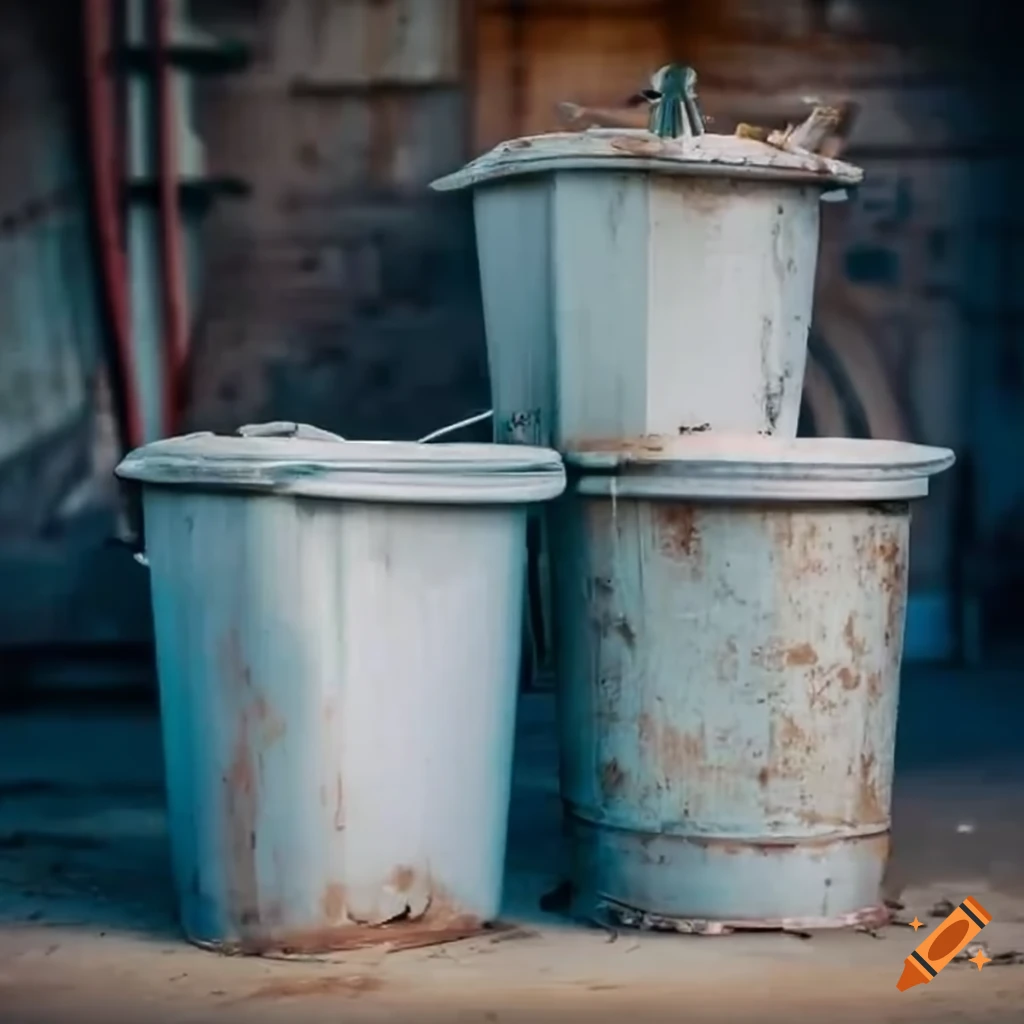 Old garage with two trash bins