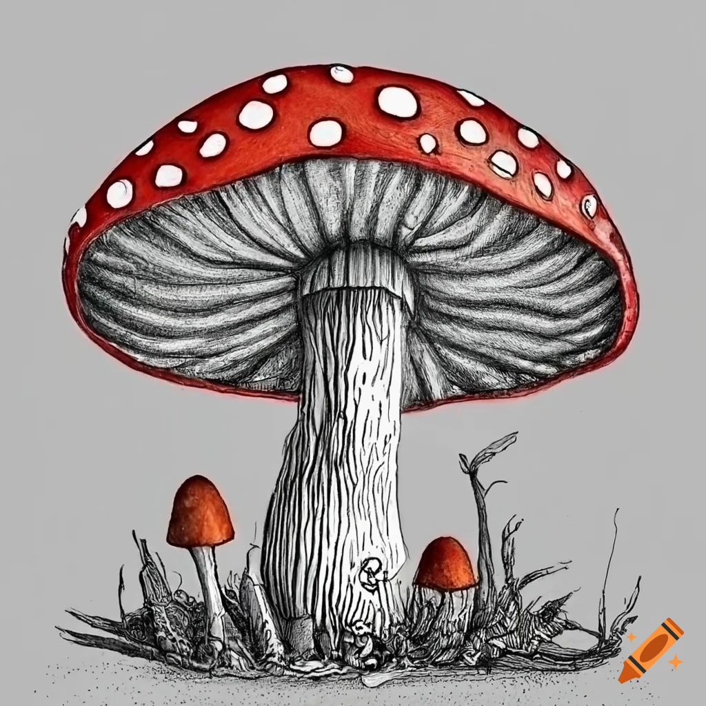 black and white drawing of a fantasy world with giant mushrooms