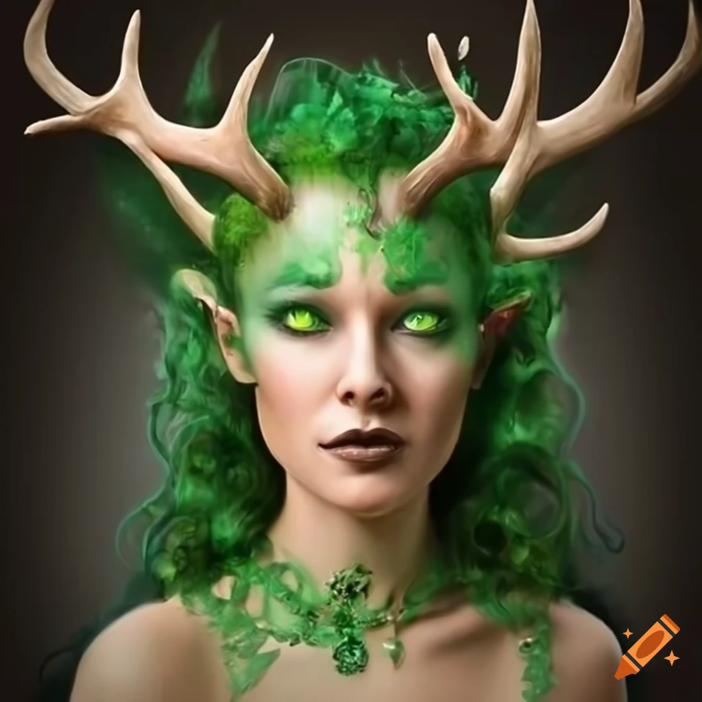 Artistic representation of a mythical nymph with antlers