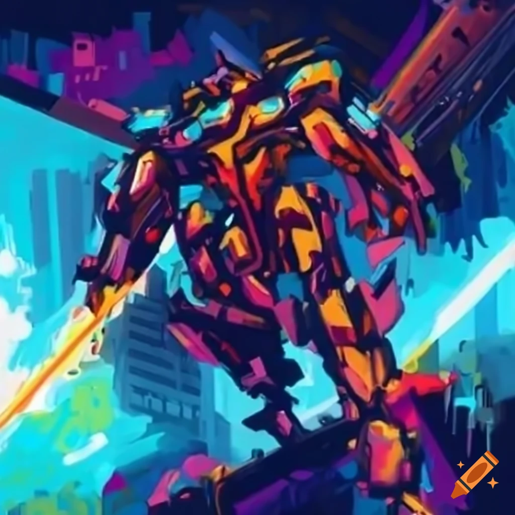 Anime-style mecha with a laser sword in the city on Craiyon