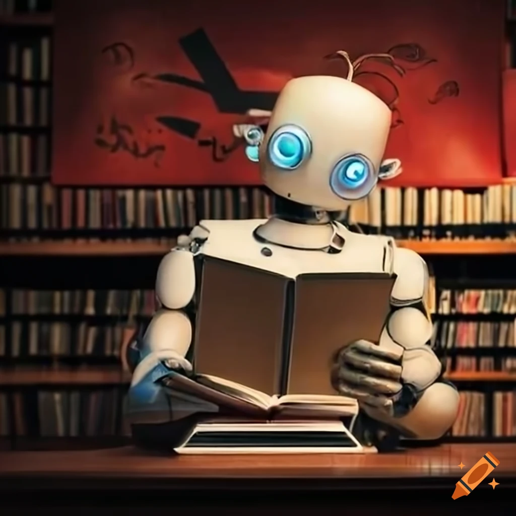 robot reading a book in a library