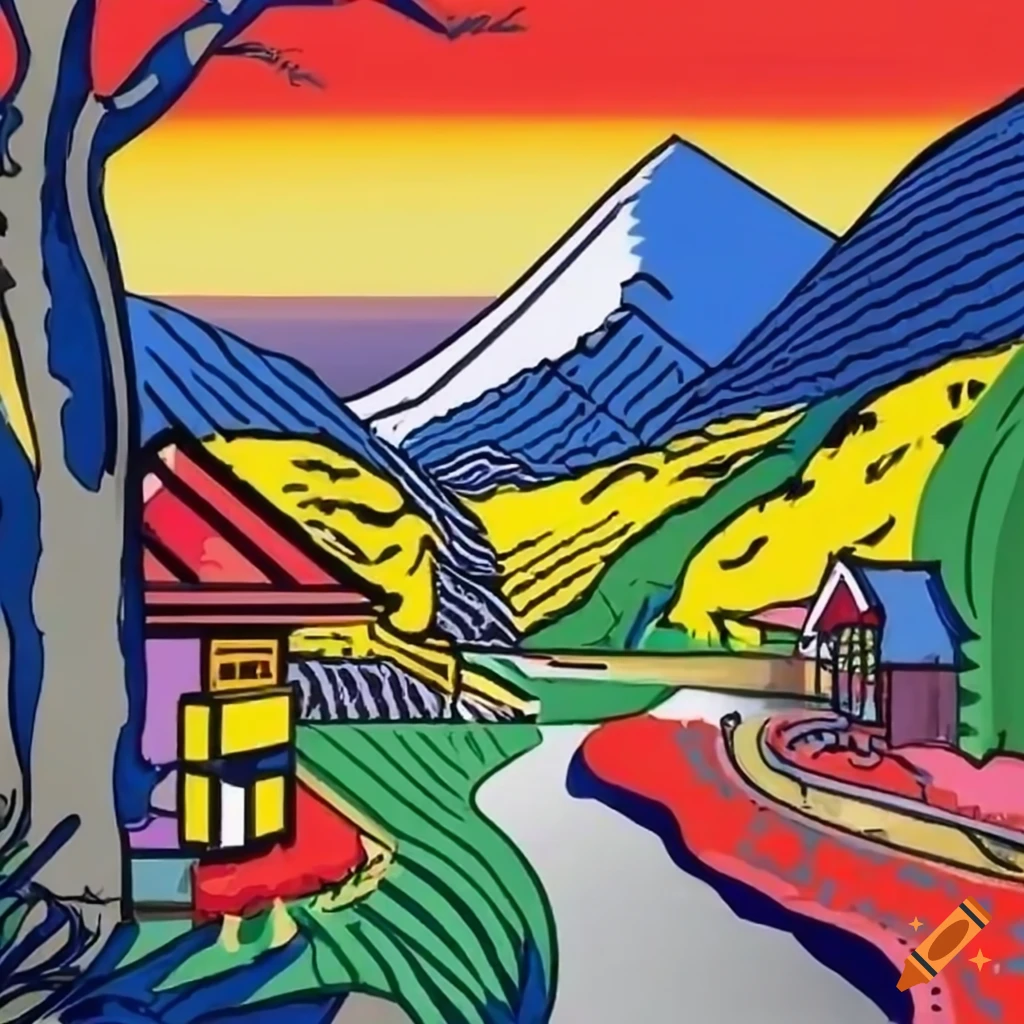 vibrant Japanese landscape in Lichtenstein style