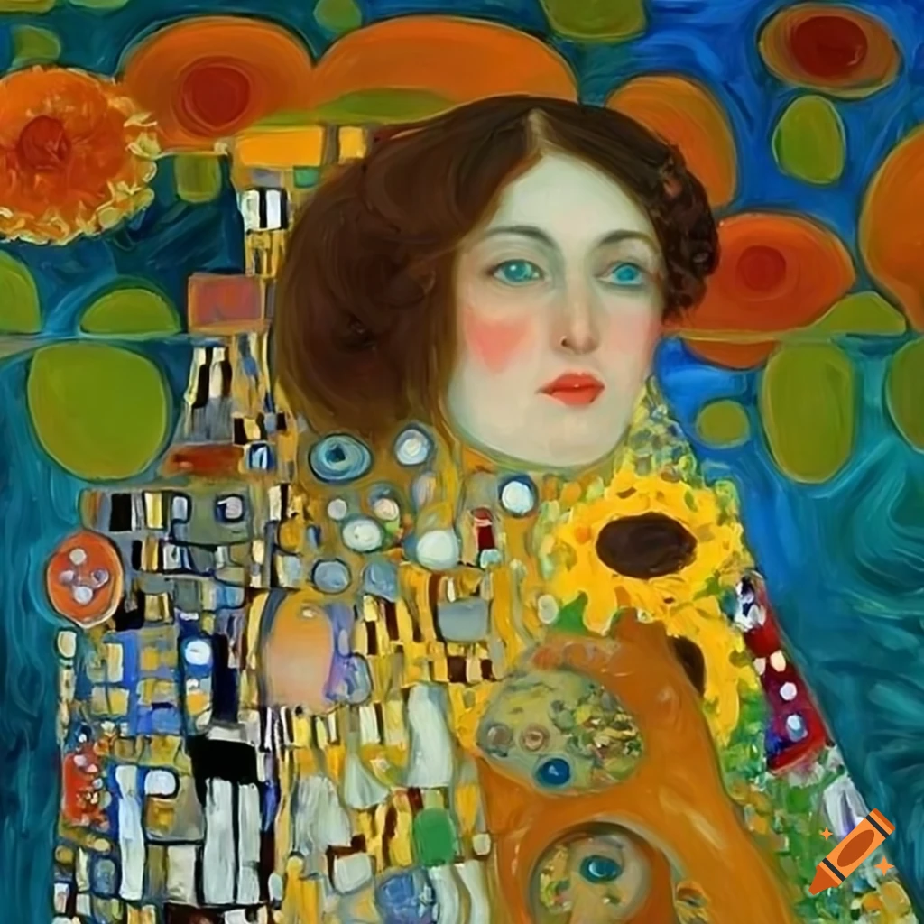 Abstract oil painting of a woman watering sunflowers