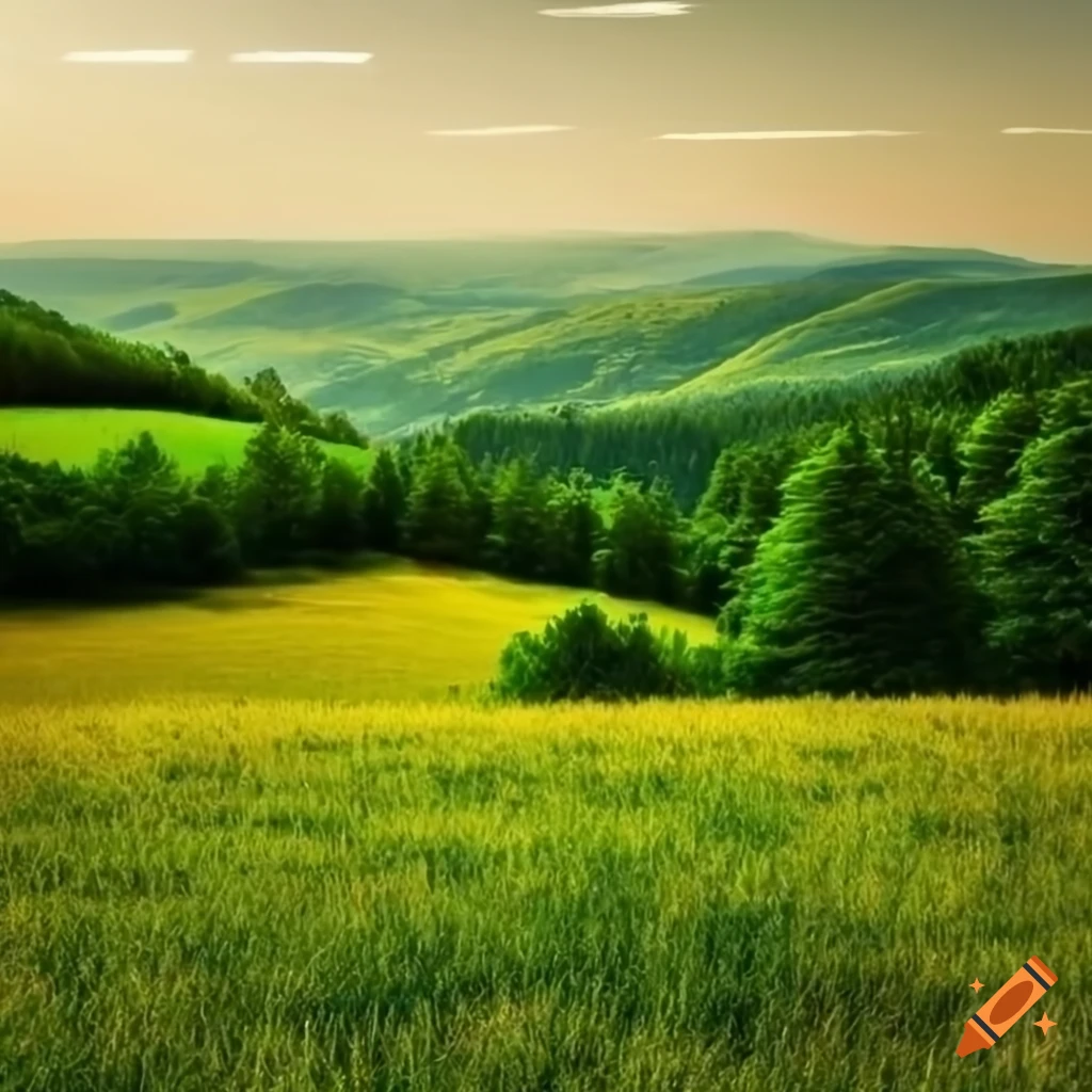 desktop background of hills, forest, and field