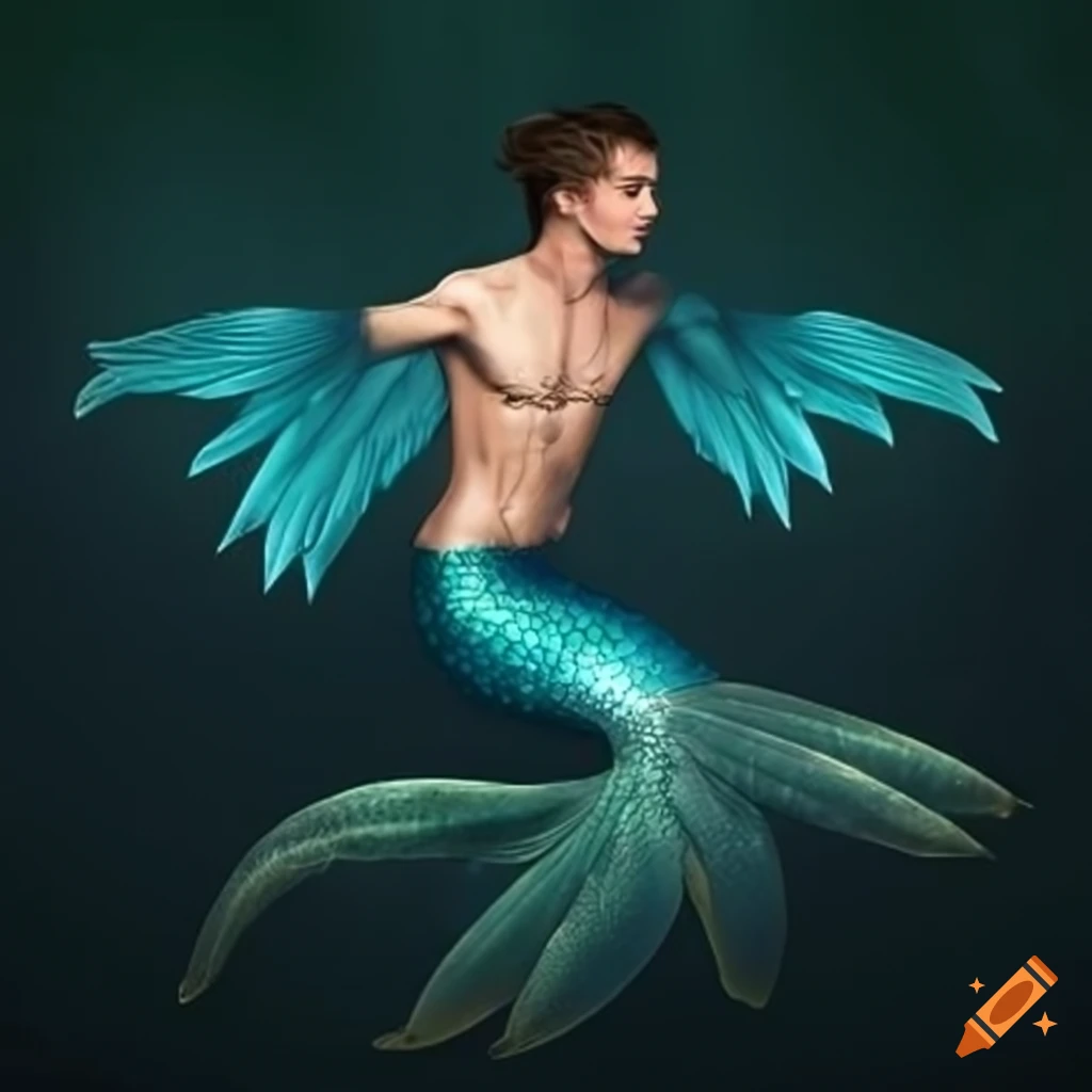 Artistic depiction of male sea mermaids with fish tails and wings on Craiyon