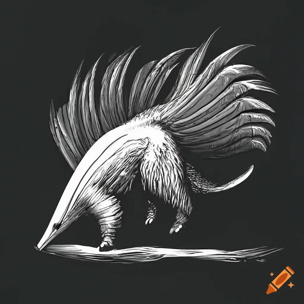drawing of a hovering anteater with four wings