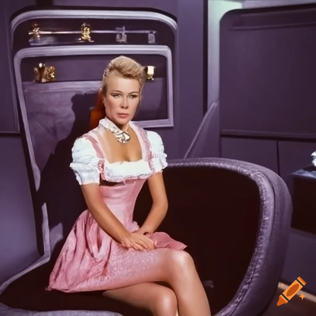elegant female Captain Kirk sitting on captain's chair