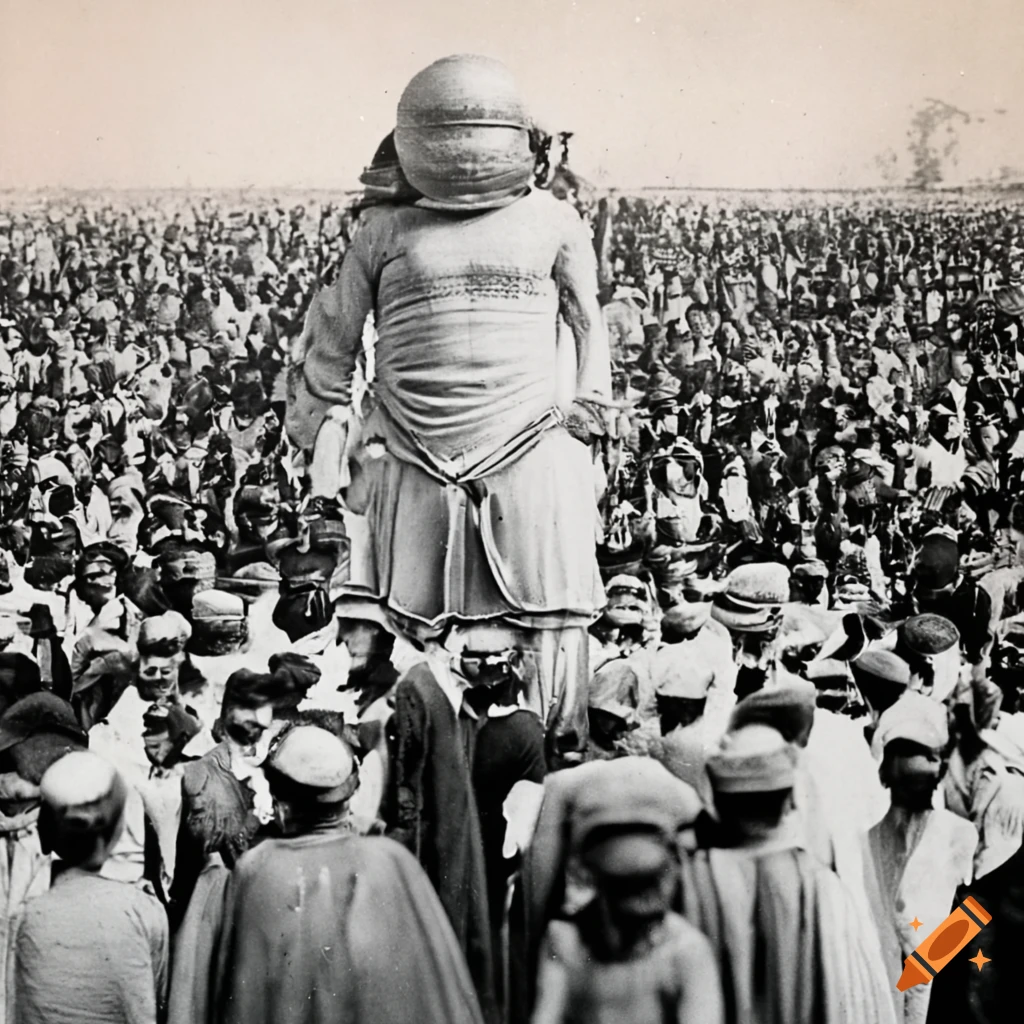 historic image of The Giant of Kandahar in a football helmet