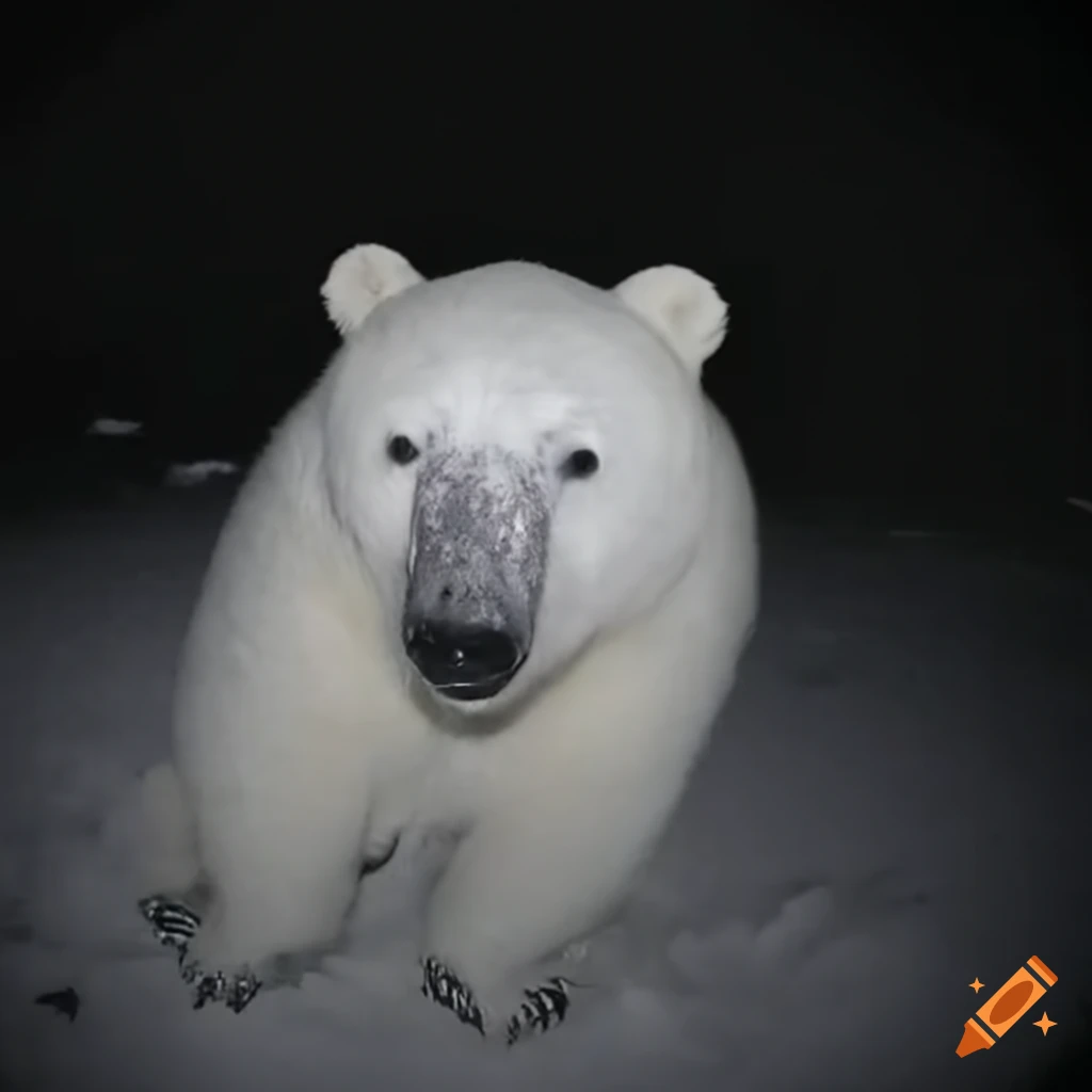 nighttime photograph of a unique-looking polar bear in Antarctica