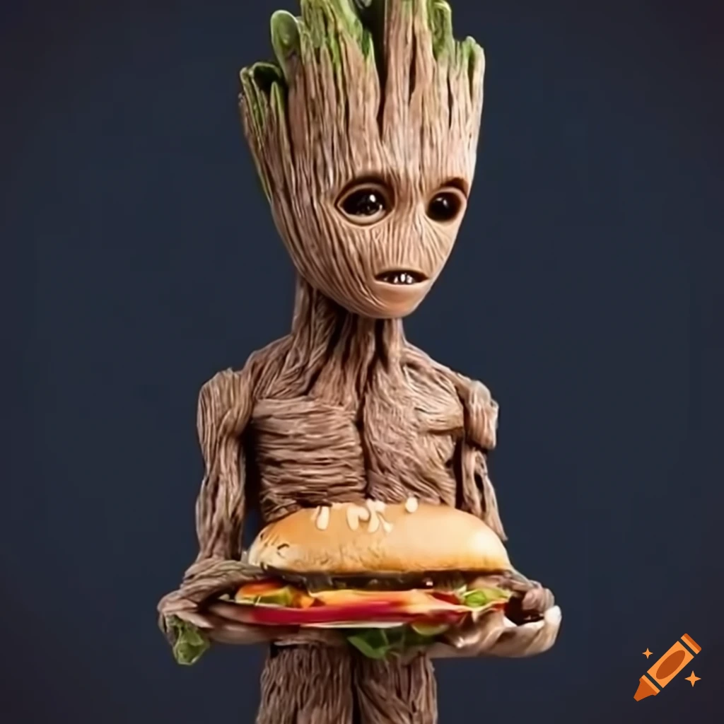 Groot holding a burger
