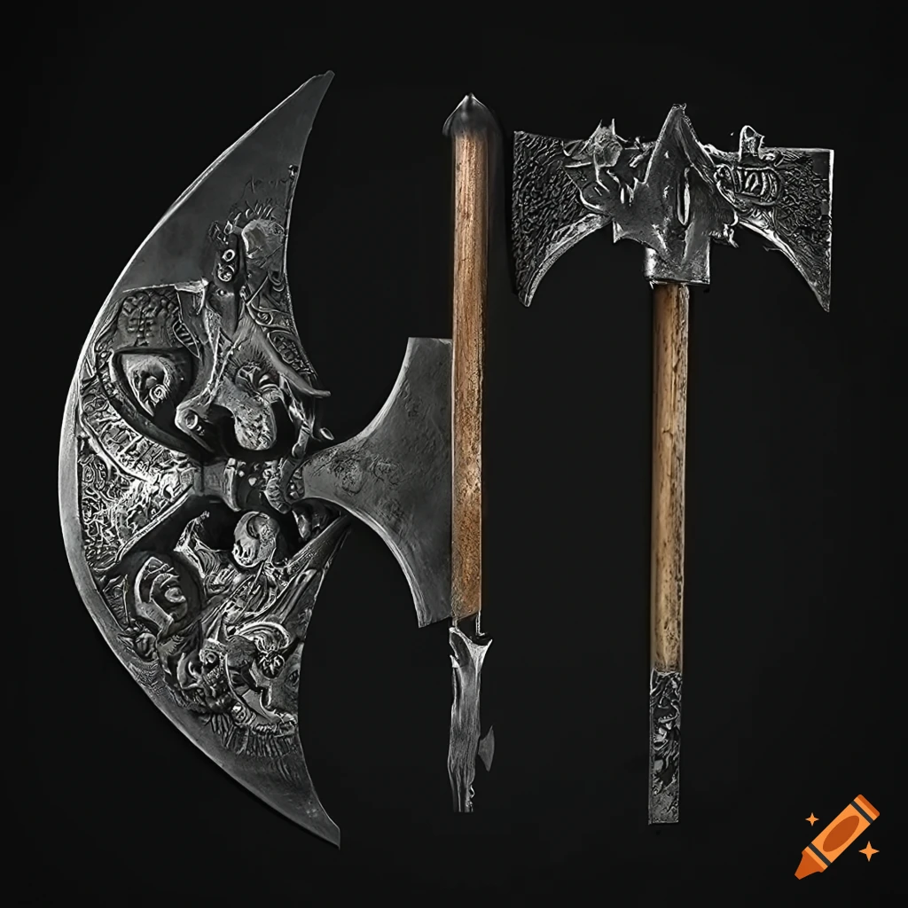 Formidable double-sided battle axe with a blackened blade and bone handle