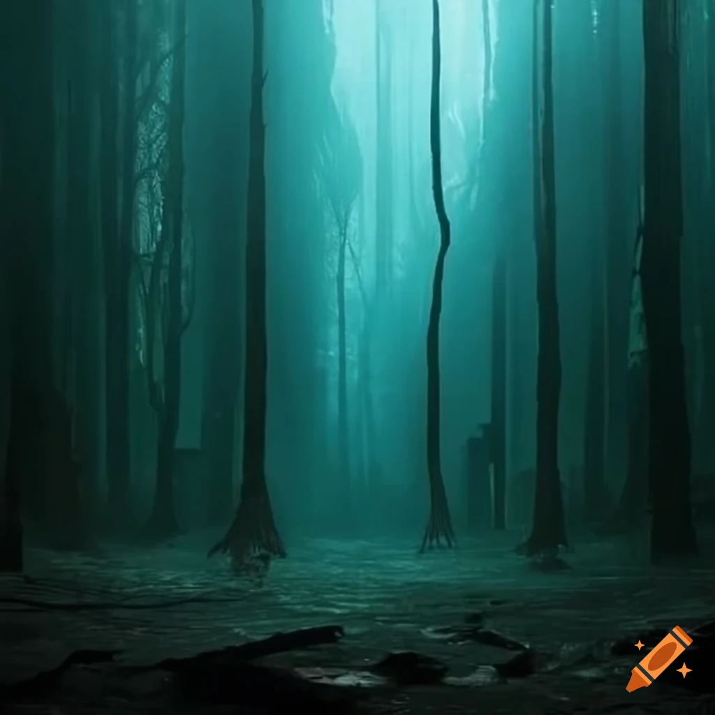 image of interconnected machines in a dark forest