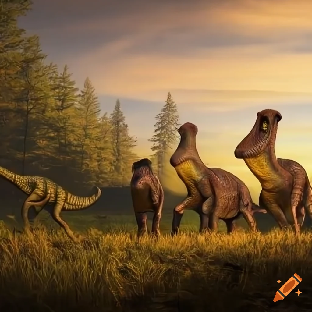 Group of hadrosaurus dinosaurs walking along a muddy lake bank in warm ...