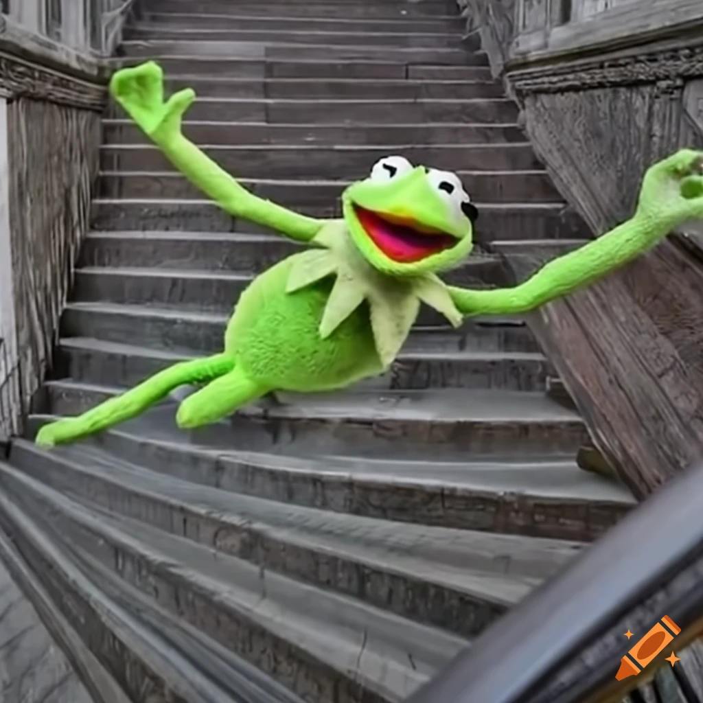Kermit the frog falling down stairs on Craiyon