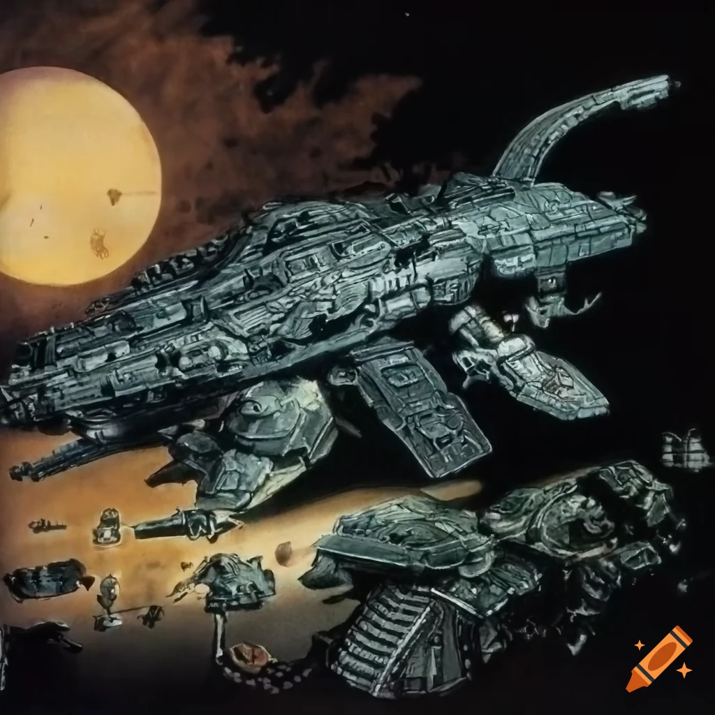 sci-fi illustration of a heavily armed dreadnought whale