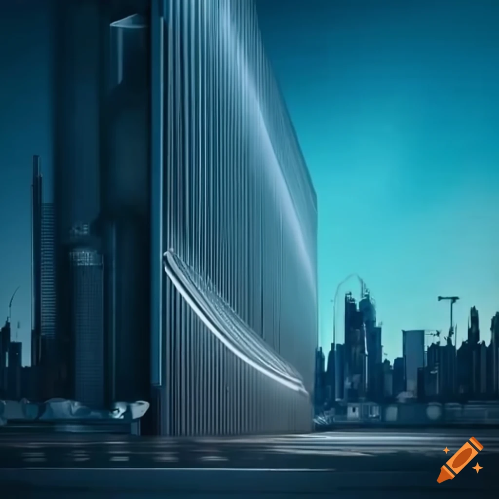 Futuristic city behind a guarded metal wall on Craiyon