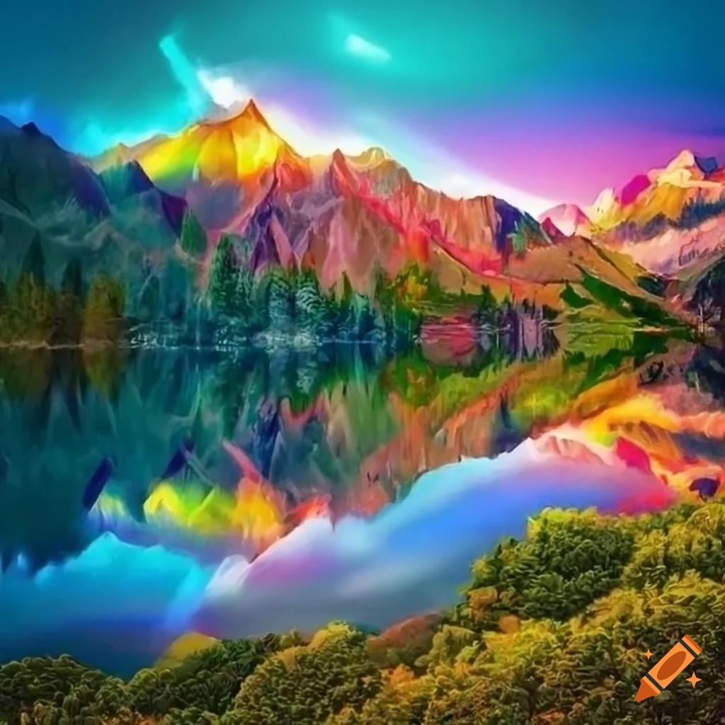 Colorful illustration of mountains with a lake and a house on Craiyon