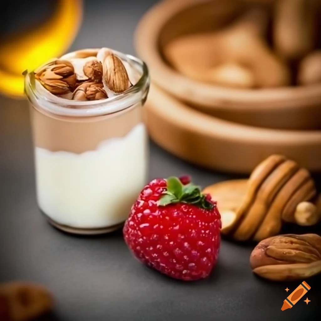 Delicious bowl of greek yogurt with berries, nuts, and honey on Craiyon