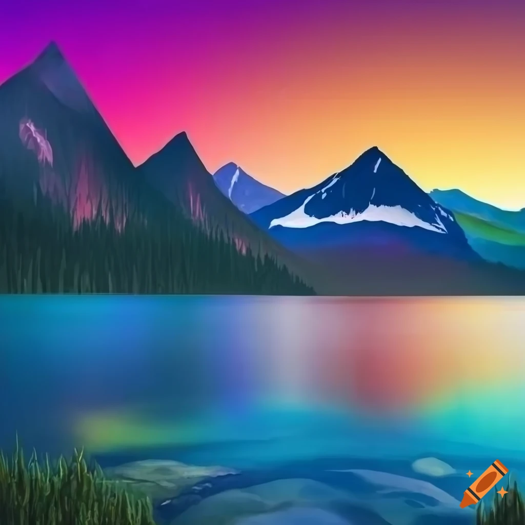 Colorful illustration of mountains and lake with a house on Craiyon