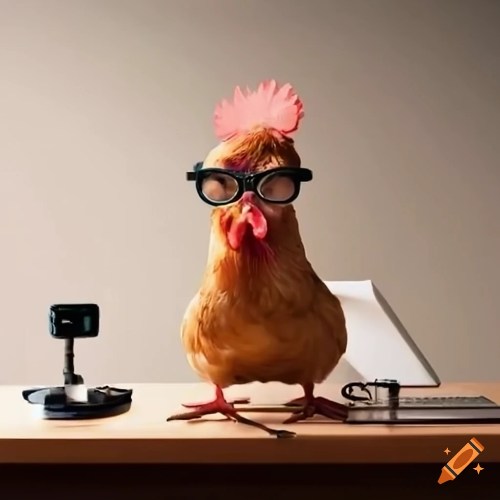 funny hen with glasses at a desk