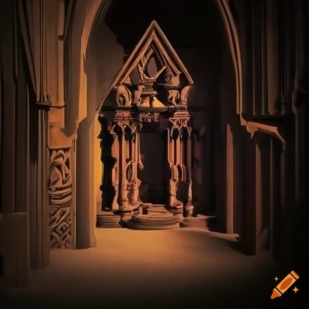 high definition depiction of architectural stave carving in Zelda game style
