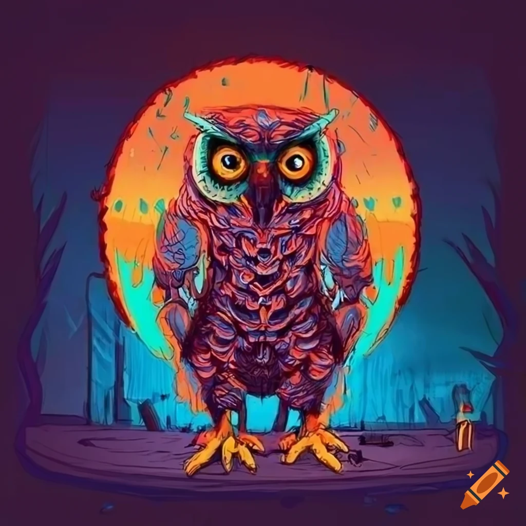 Tim doyle style cyberpunk owl in blue and orange on Craiyon