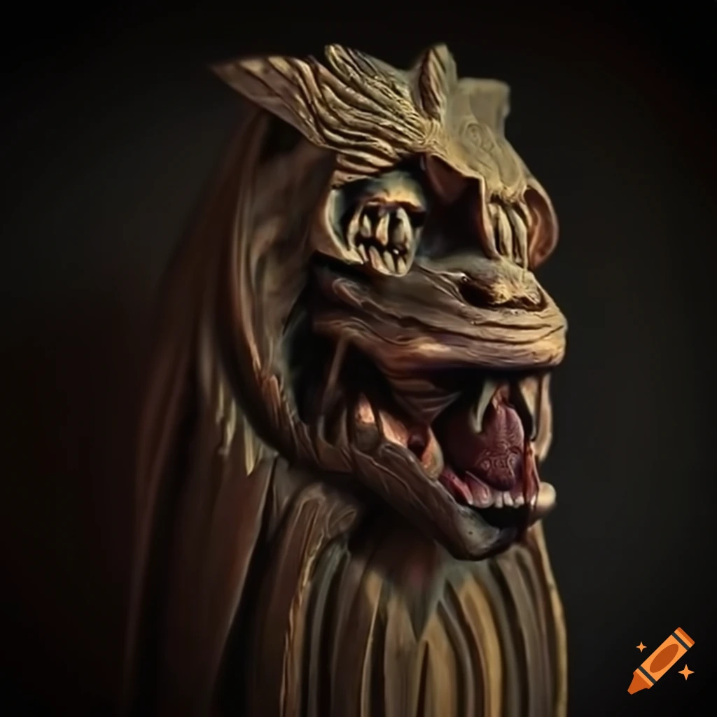detailed carving art of a moth werewolf motif